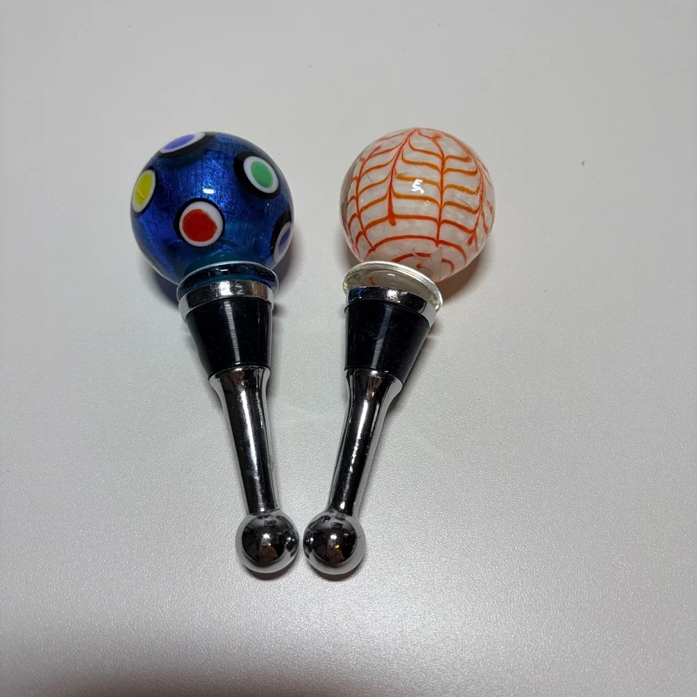 Set of 2 Hand Blown Art Glass Wine Stoppers Blue Polka Dot Orange Swirl Barware
